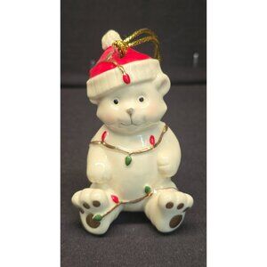 Lenox Very Merry Porcelain Teddy Bear w Santa Hat and Christmas Lights Ornament